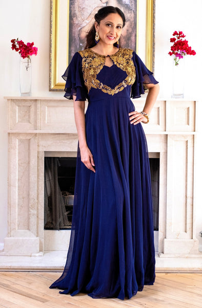 Kavi- Georgette gown with ruffle sleeves