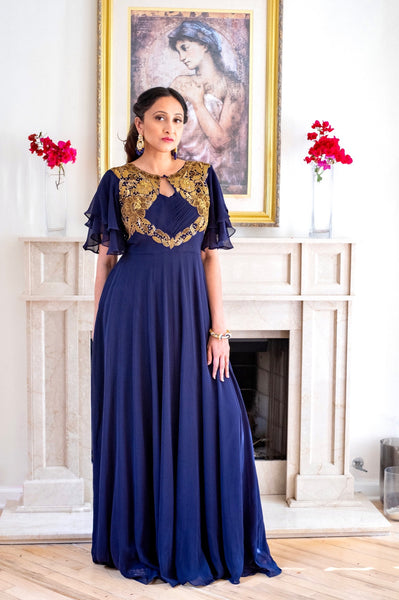 Kavi- Georgette gown with ruffle sleeves