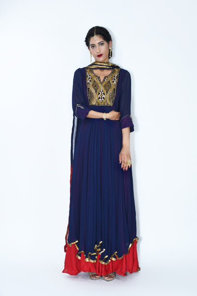 Purva Royal blue Anarkali suit with red accents