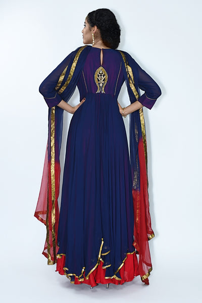 Purva - Royal blue Anarkali suit with red accents