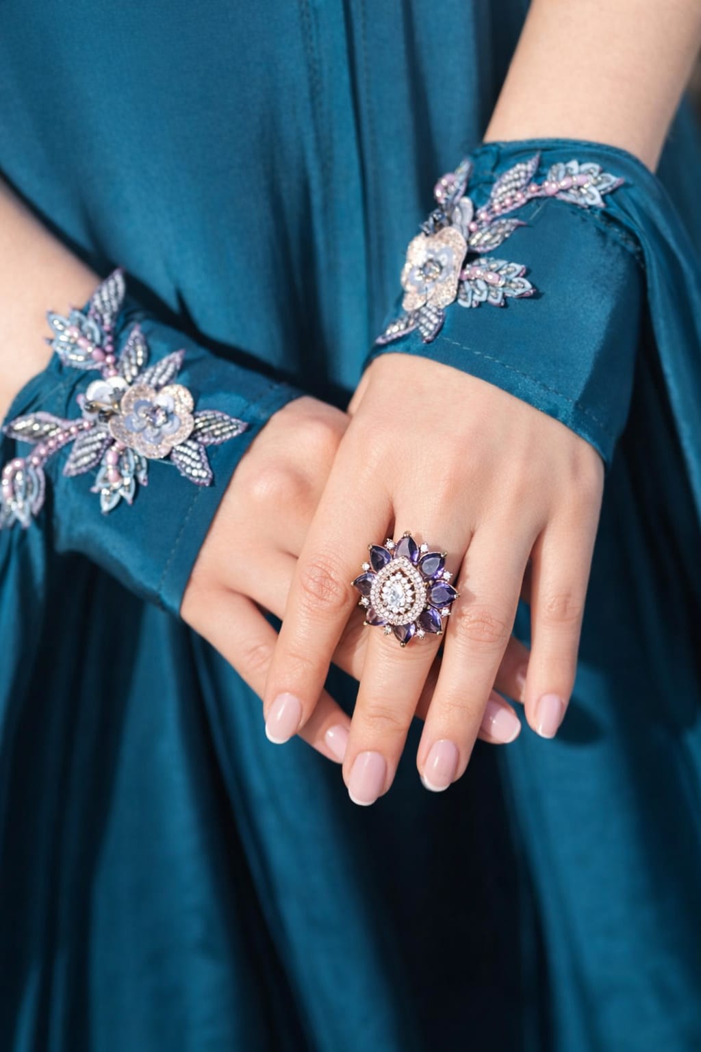 Amethyst and Diamond look intricately designed floral ring.