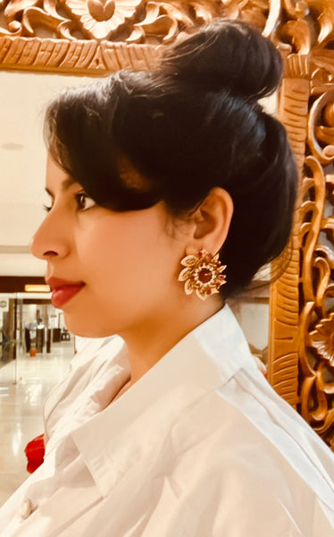 Vintage floral Ruby/ Gold 3D earrings