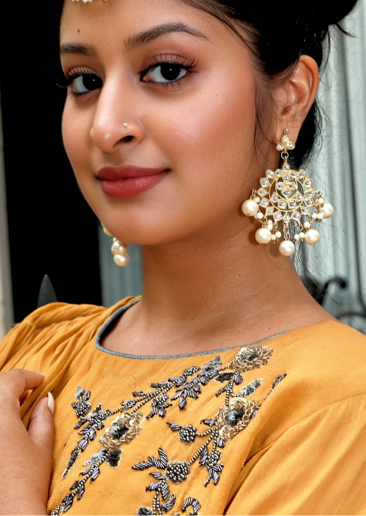 Gold jhumka chandelier earrings with Pearl accents