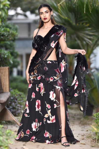 Pallavi- Floral & feathered Lengha/ Sari combo set