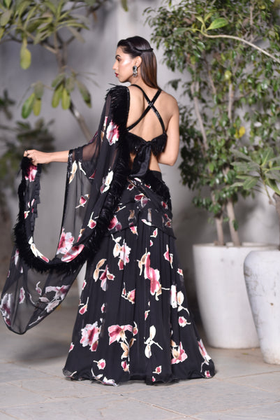 Pallavi- Floral & feathered Lengha/ Sari combo set