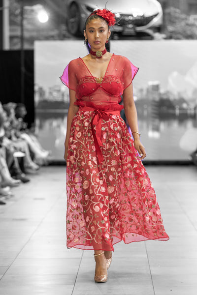 Mala - Floral sheer organza embroidered Lengha skirt set