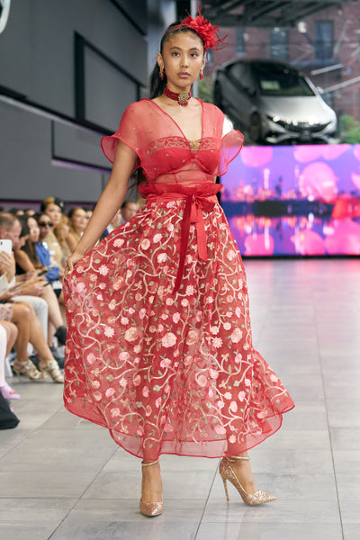 Mala - Floral sheer organza embroidered Lengha skirt set