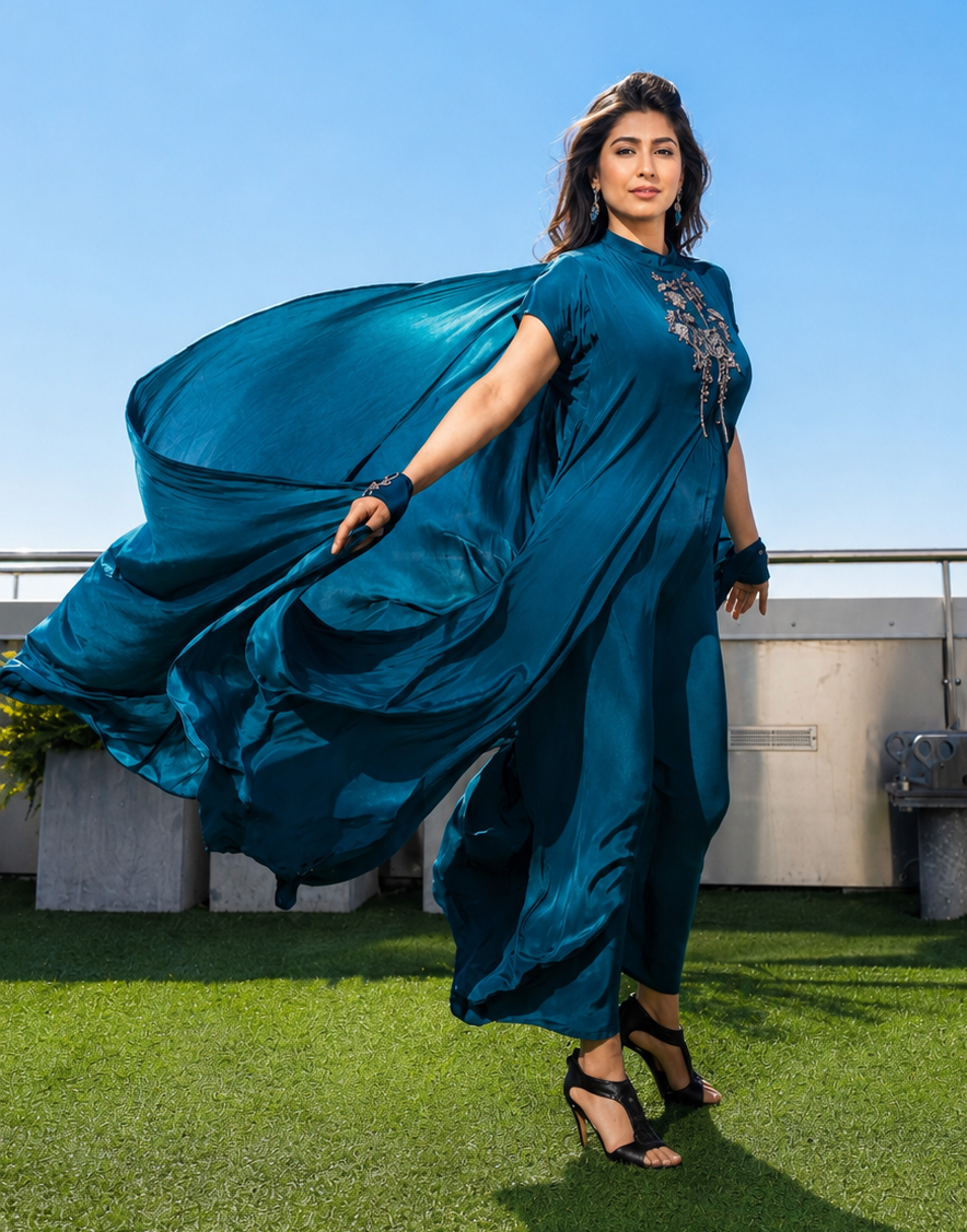 Woman in a teal Posh Pari draped gown standing on a NYC rooftop with a clear blue sky.