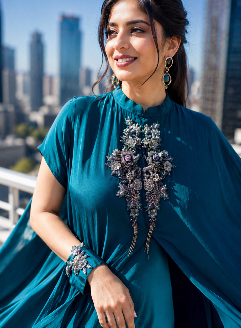 Woman in a teal posh pari dress with floral applique and embroidered embellishments against nyc cityscape background