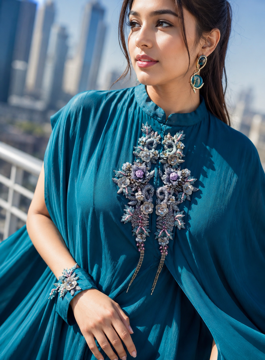 Woman wearing a teal dress with floral embellishments against a cityscape background