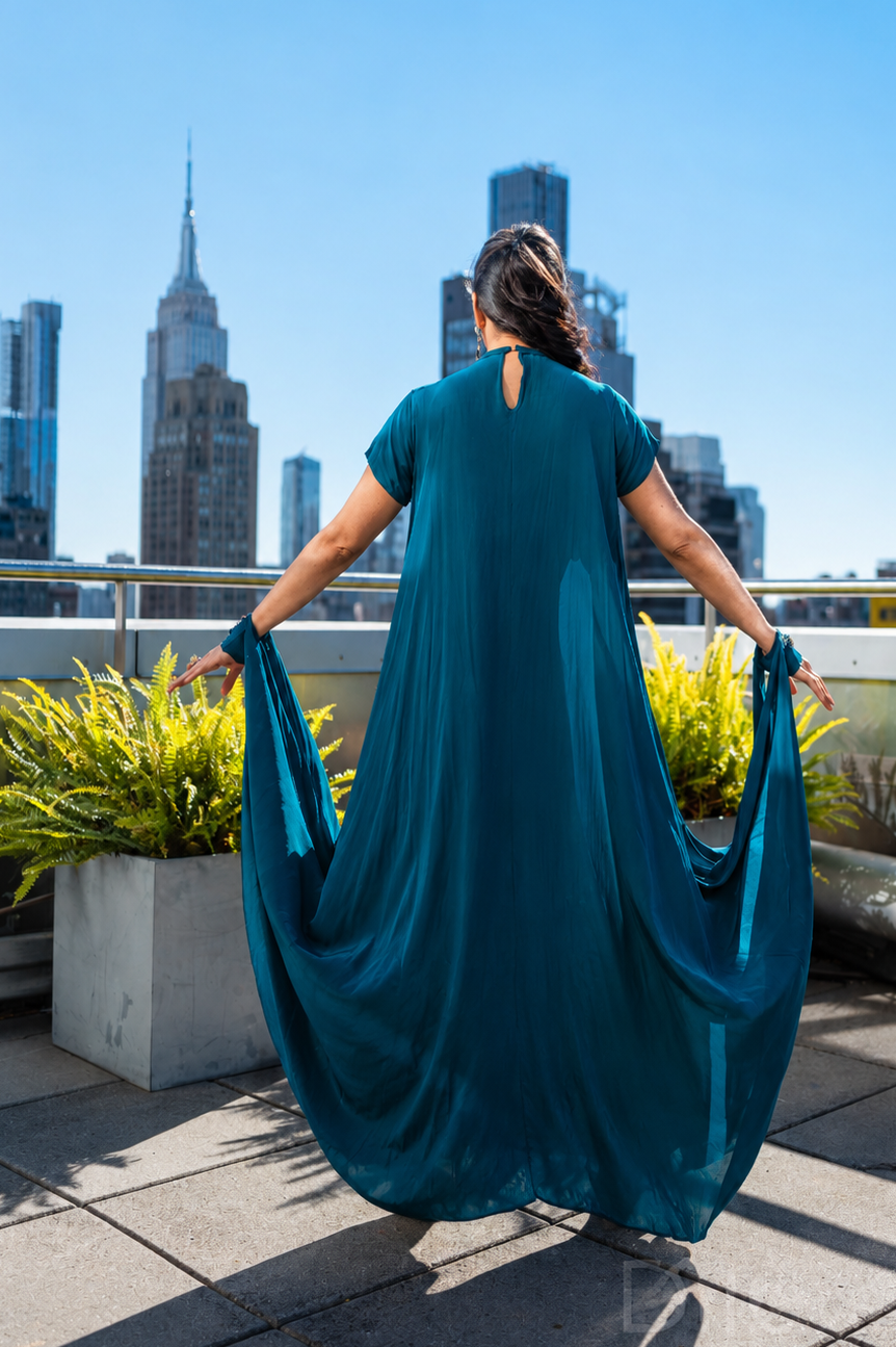 Person wearing a teal Posh Pari dress on a rooftop with nyc city skyline in the background