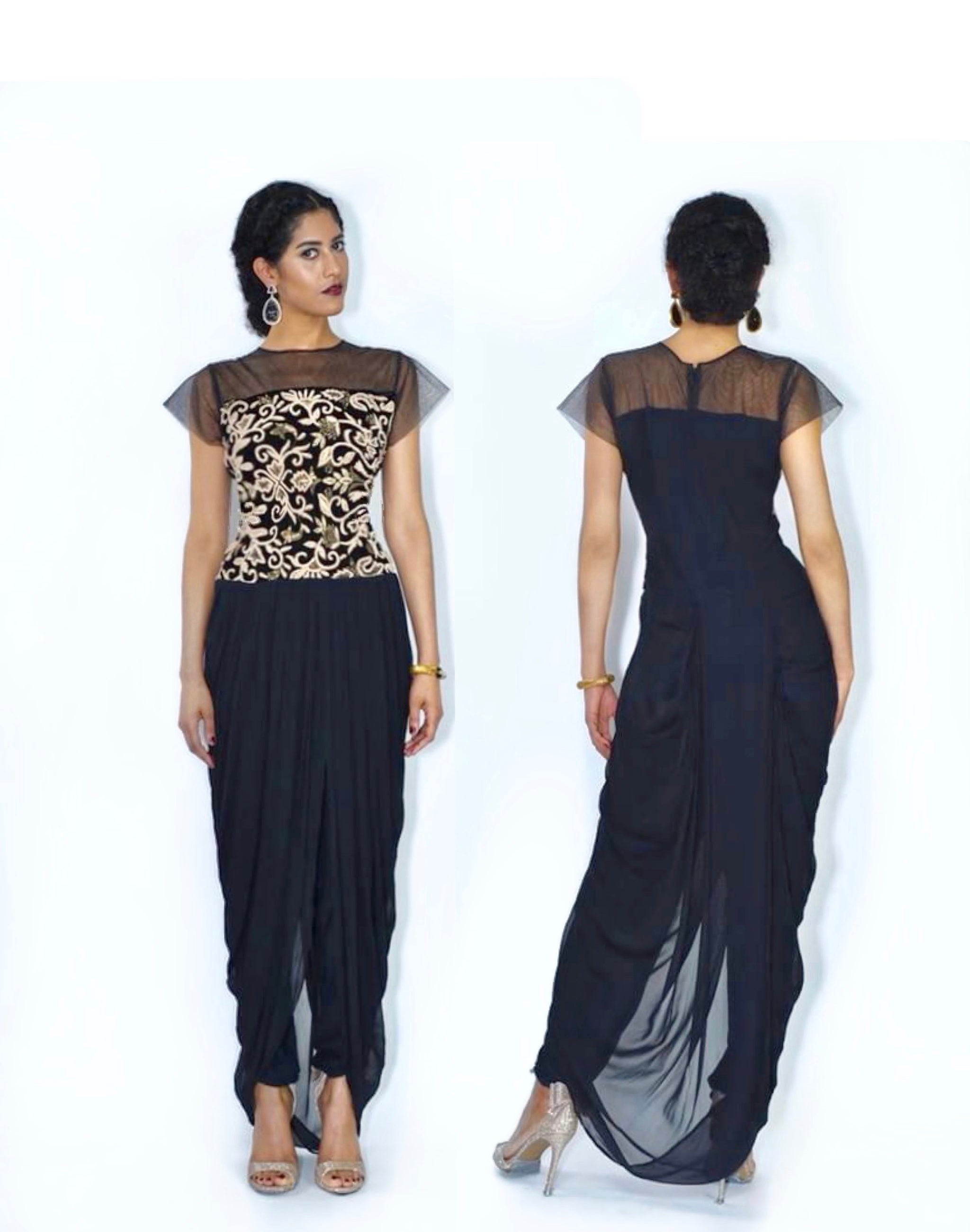 Ekta- Modern Sheer Neck Draped Lungi Style tunic – poshpari