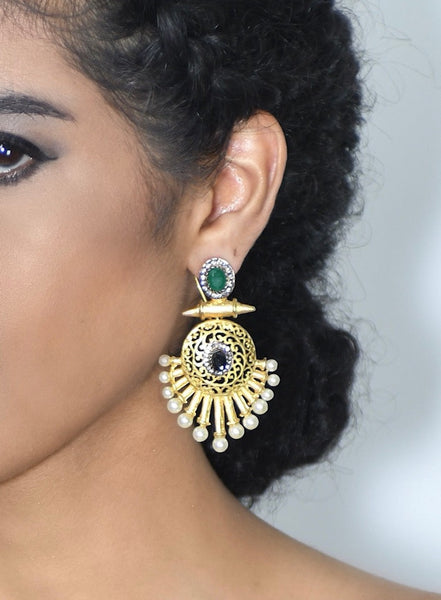Modern Art Deco Gold/ Emerald Earrings