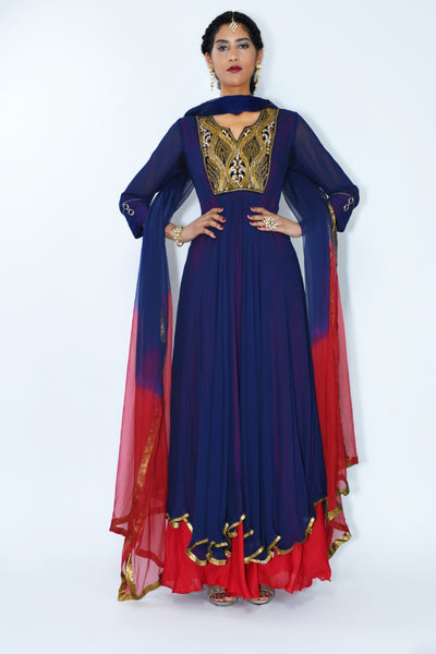 Purva - Royal blue Anarkali suit with red accents