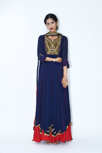 Purva - Royal blue Anarkali suit with red accents